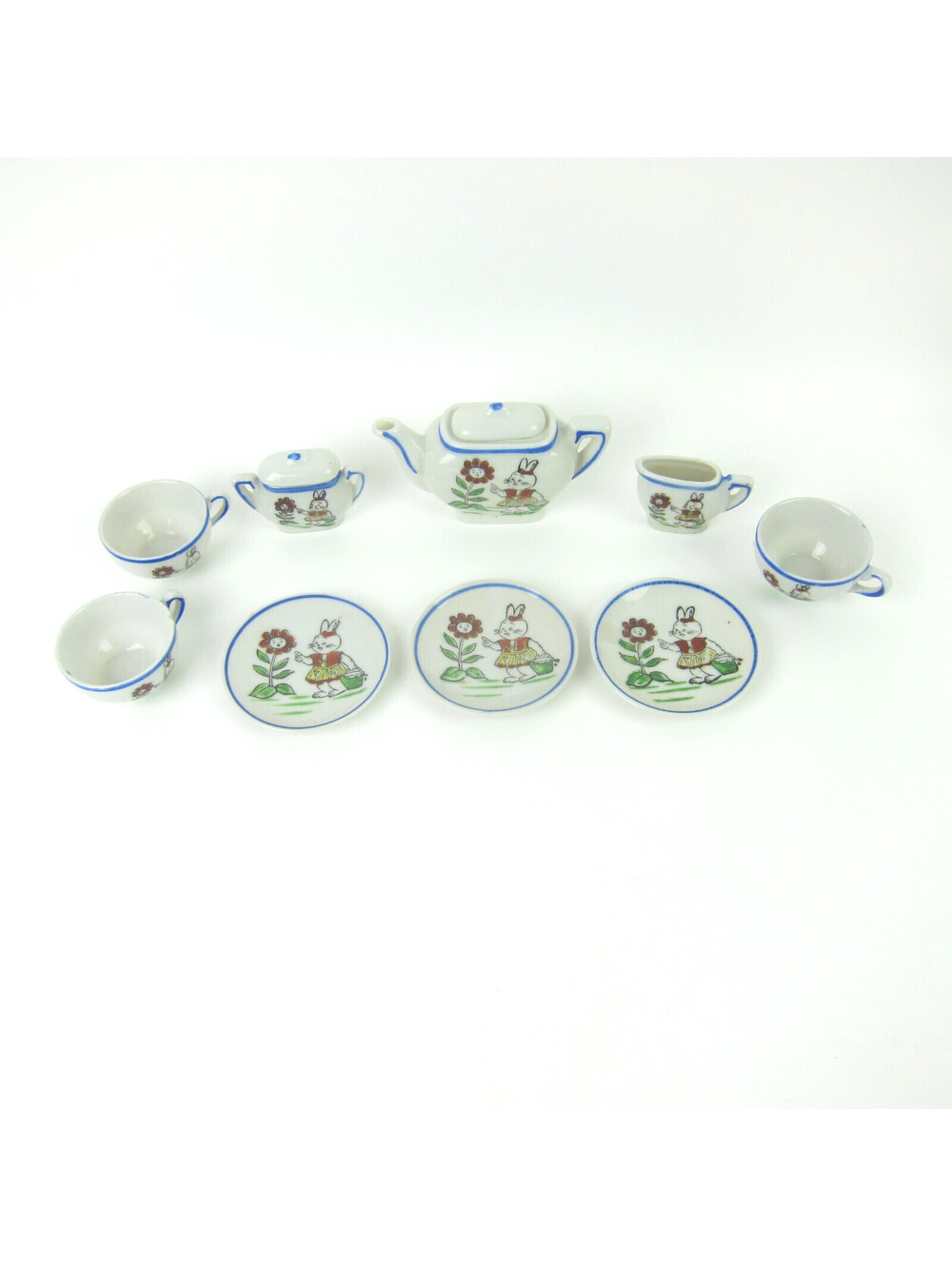 Vintage Mini Porcelain Tea Set 11 pc Bunny Rabbit Flowers Anthropomorphic Japan